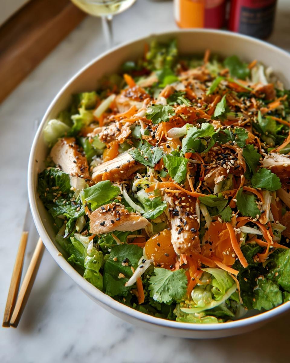 A vibrant Asian chicken salad featuring sliced chicken thighs, mandarin oranges, shredded carrots, and sesame seeds.