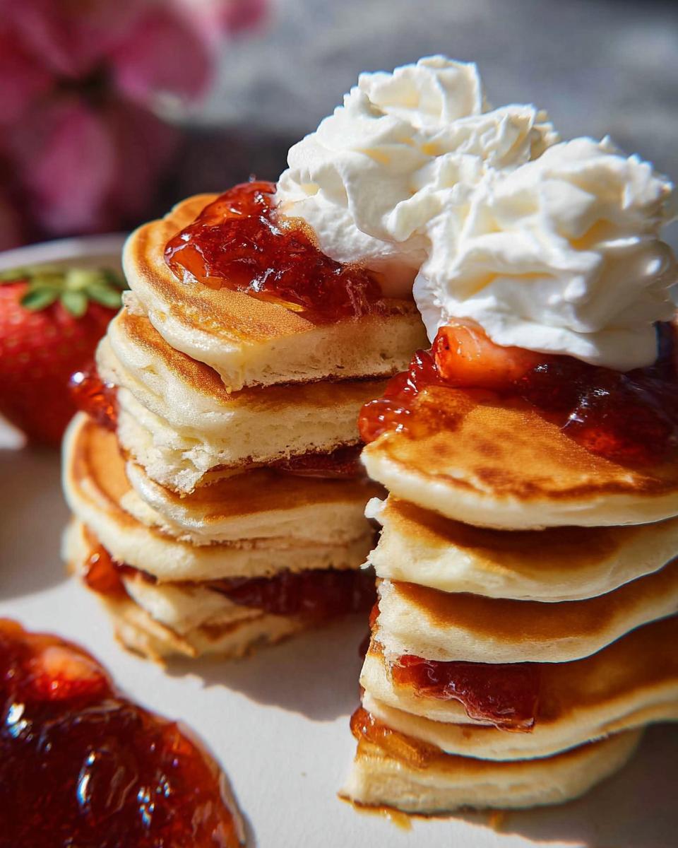 A stack of fluffy pancakes topped with strawberry jam and whipped cream, perfect for best breakfast ideas.