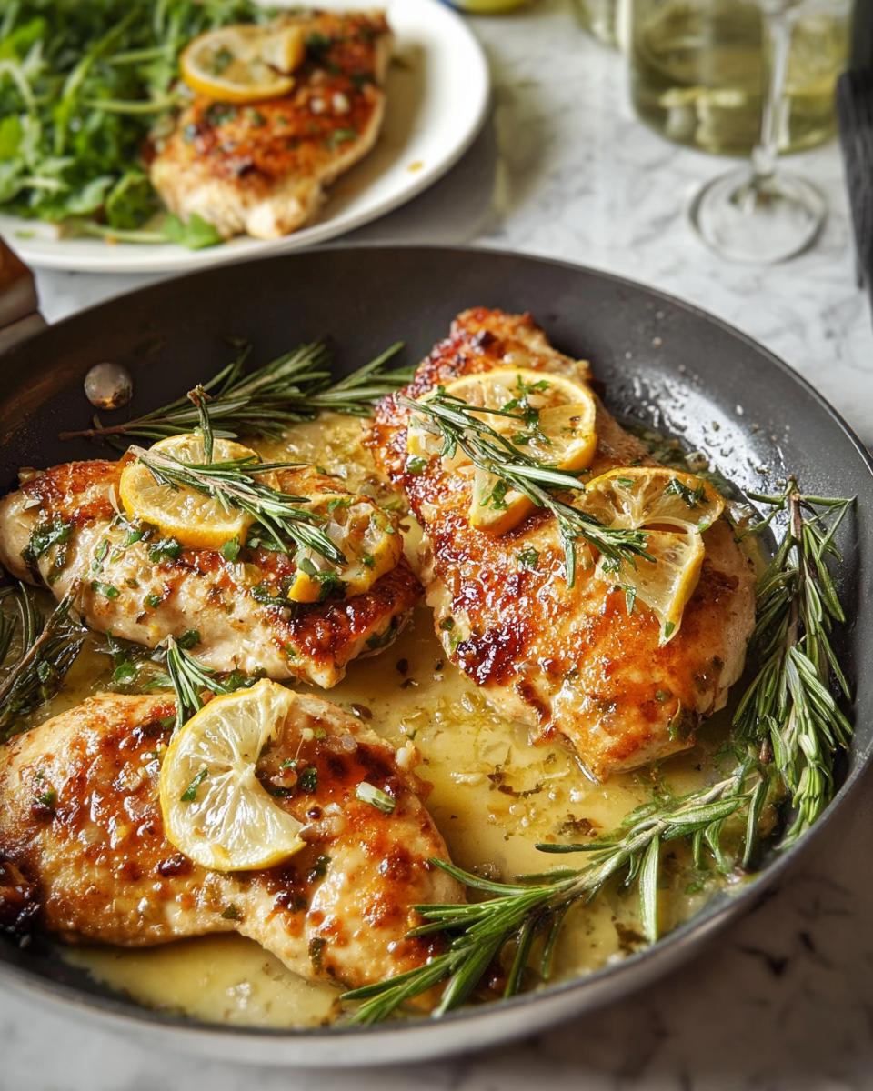Pan-seared chicken breasts with lemon slices and rosemary, perfect for busy nights.