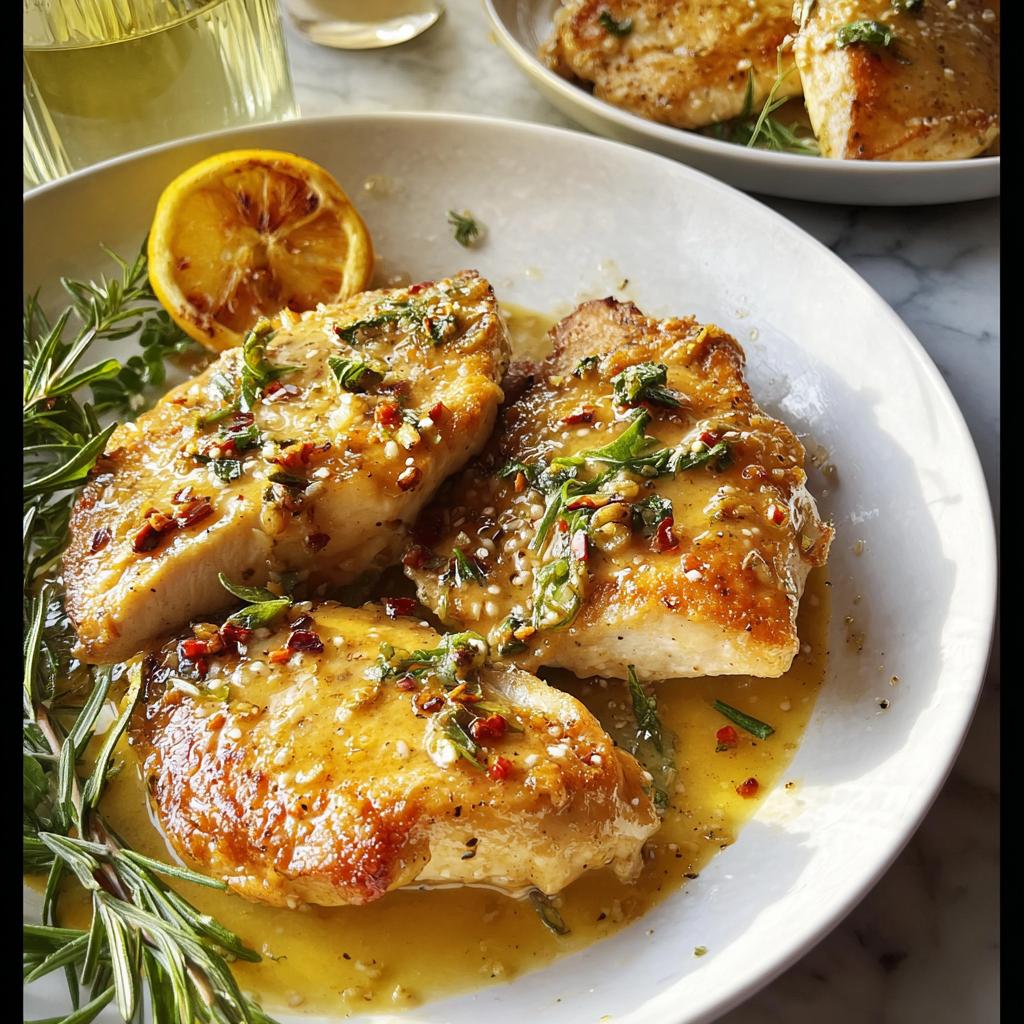 Three pan-seared chicken breasts coated in a savory sauce with herbs and chili flakes, perfect for busy nights.