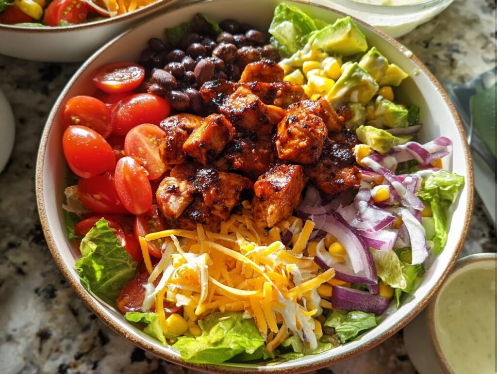 A vibrant chicken salad bowl featuring seasoned chicken thighs, black beans, cherry tomatoes, avocado, corn, red onion, and shredded cheese.