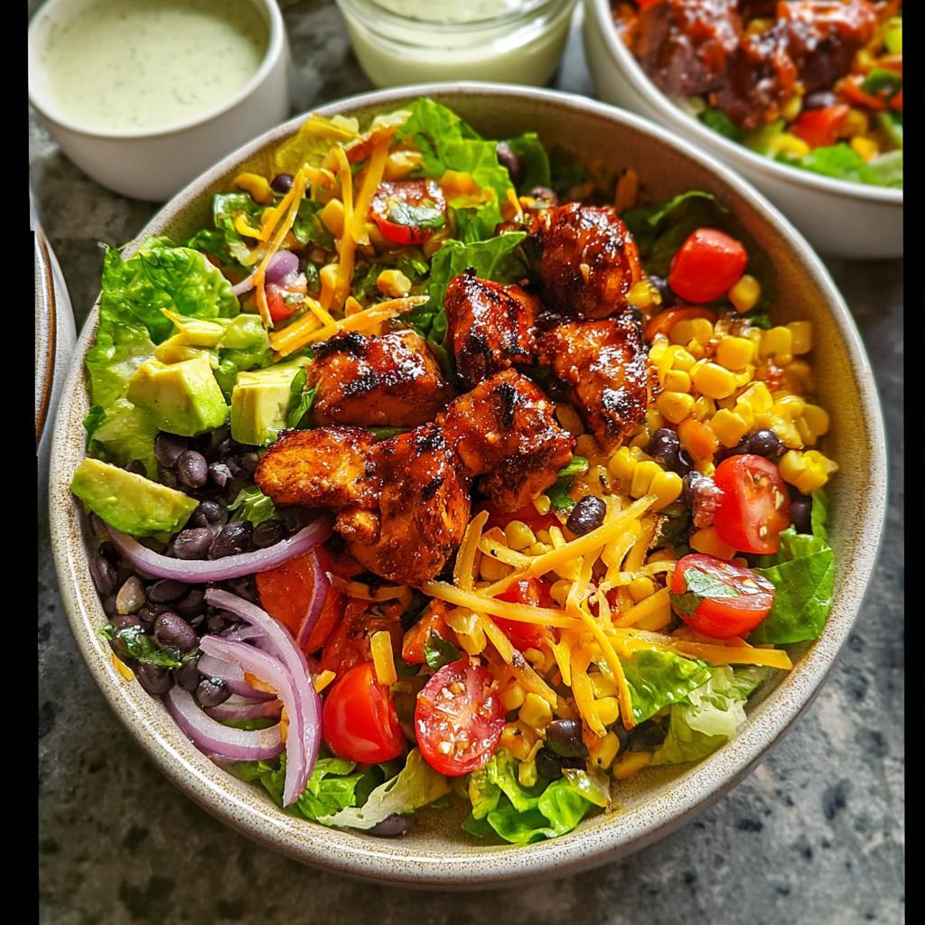 A vibrant salad featuring grilled chicken thighs, black beans, corn, avocado, tomatoes, and red onion, perfect for best chicken thigh recipes.
