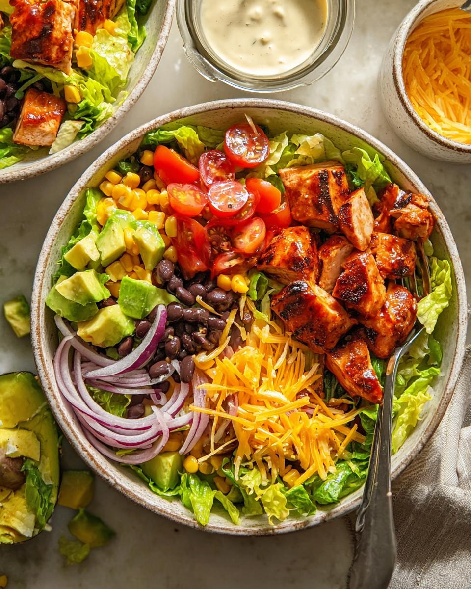 A vibrant salad featuring grilled chicken thighs, avocado, black beans, corn, tomatoes, red onion, and shredded cheese.