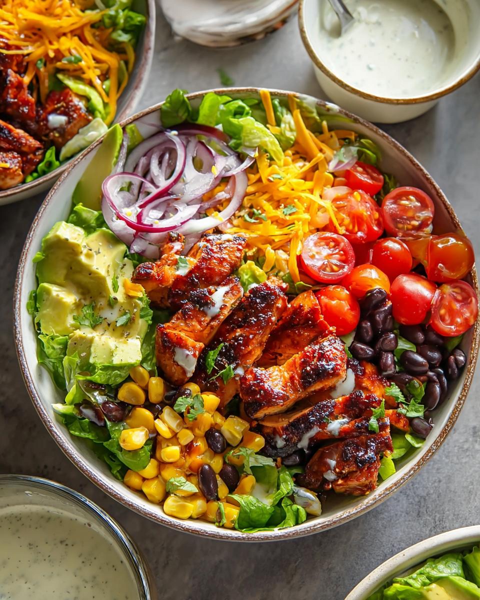 A vibrant salad featuring grilled chicken thighs, avocado, corn, black beans, tomatoes, red onion, and shredded cheese.