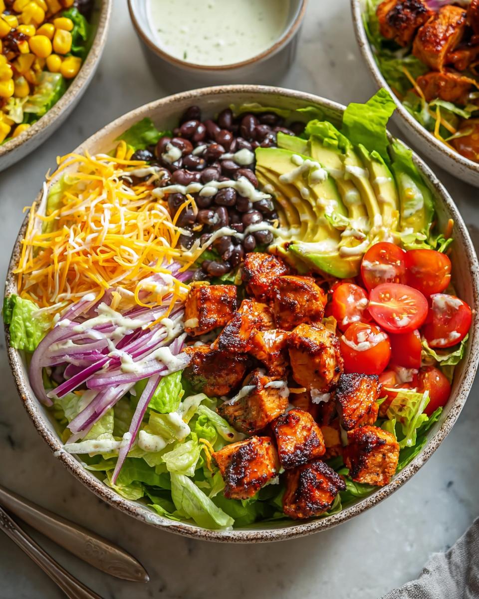 A vibrant salad featuring grilled chicken thighs, black beans, avocado, cherry tomatoes, shredded cheese, and red onion, drizzled with dressing.