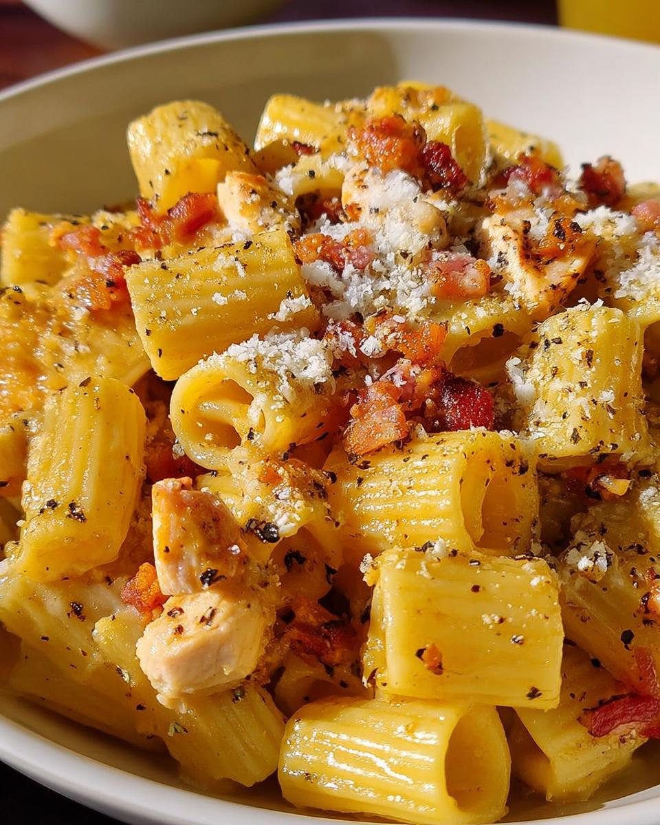 Close-up of creamy chicken and bacon pasta with grated cheese and black pepper, a perfect example of best pasta recipes for busy nights.