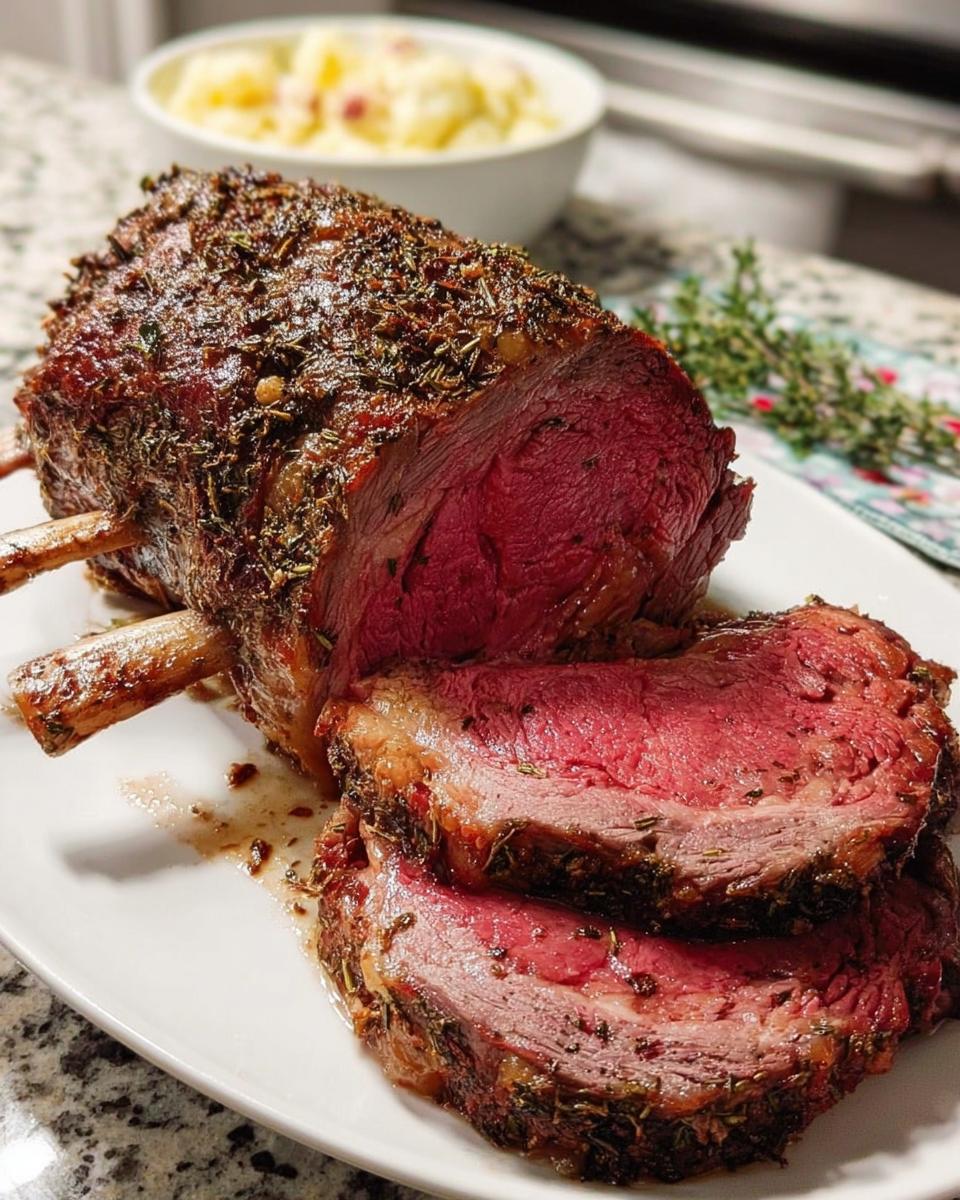 A perfectly cooked prime rib roast, sliced to reveal a juicy, pink interior, seasoned with herbs. The best prime rib for busy nights.