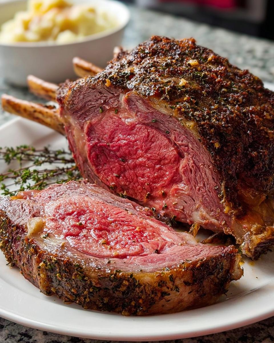 Juicy and tender slice of the Best Prime Rib for Busy Nights, seasoned with herbs and spices.