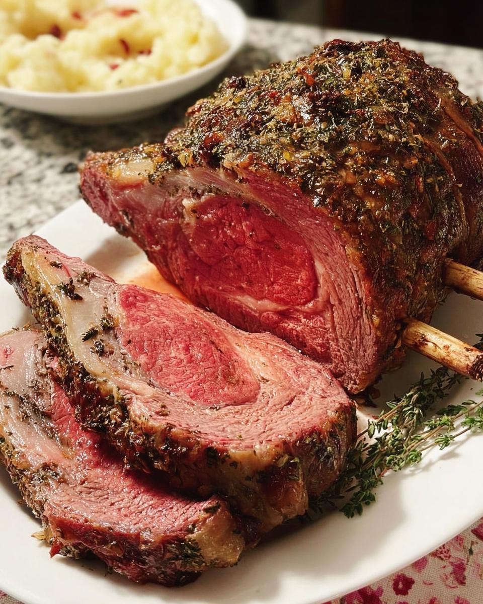 Juicy, herb-crusted prime rib roast sliced and served with mashed potatoes, perfect for busy nights.