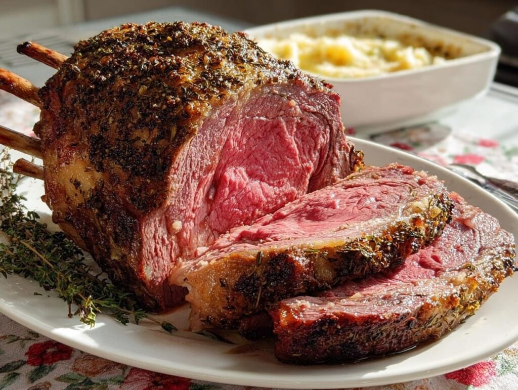 A perfectly cooked, herb-crusted prime rib roast, sliced to reveal a juicy pink interior, served with a side of mashed potatoes.