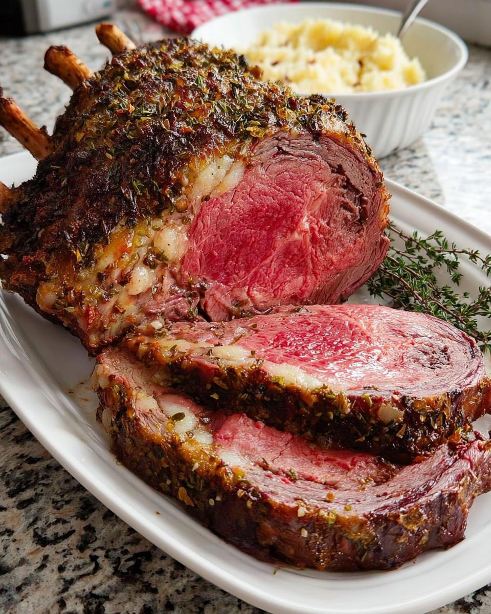 A perfectly cooked prime rib roast, sliced to reveal a juicy, pink interior, seasoned with herbs.