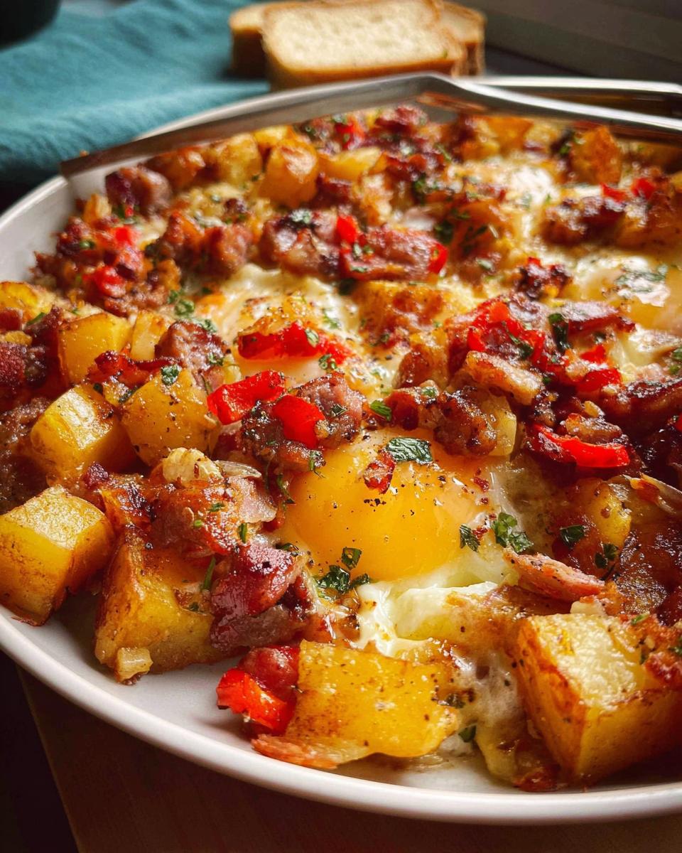 Close-up of a hearty breakfast dish with baked eggs, crispy potatoes, bacon, and red peppers, a perfect breakfast idea made easy.