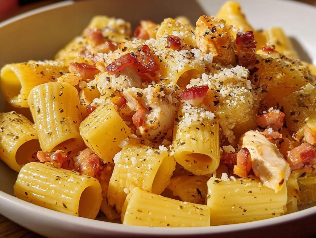 Close-up of rigatoni pasta with chicken, bacon, and grated cheese, perfect for busy nights.
