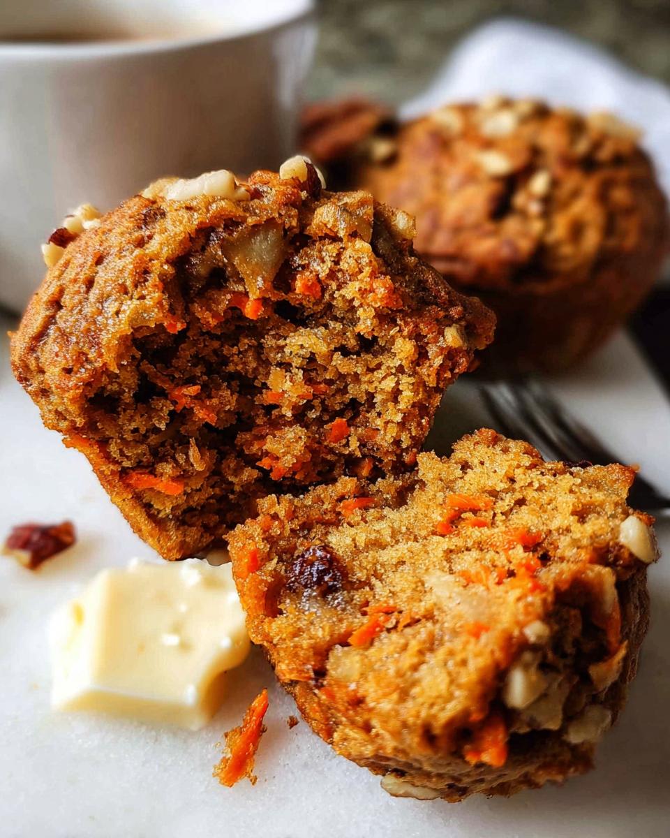 Close-up of a broken carrot muffin, showing shredded carrots, nuts, and raisins, with a side of butter.