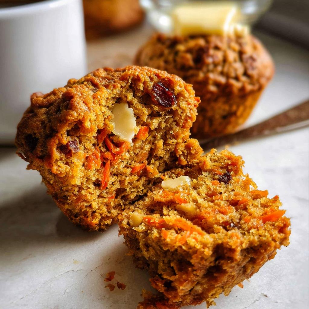 Close-up of a carrot muffin split in half, revealing shredded carrots, raisins, and nuts. Part of our Ultimate Breakfast Ideas Guide.