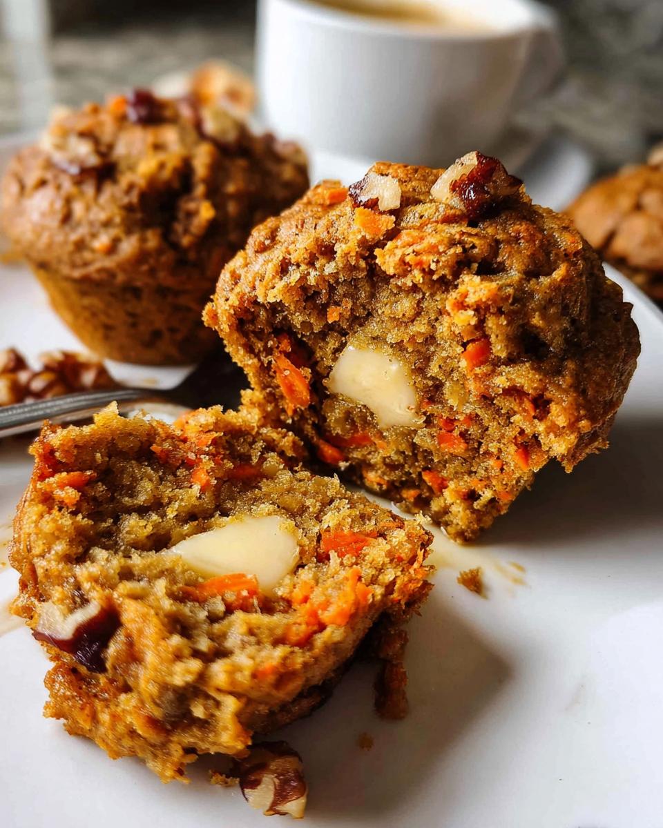 Close-up of a halved carrot muffin with butter melting inside, topped with walnuts. Part of Ultimate Breakfast Ideas Guide.
