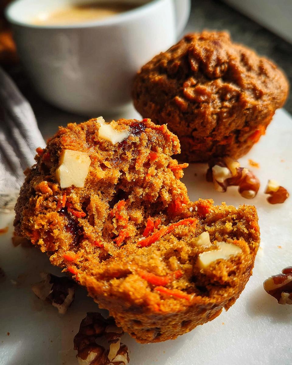 Close-up of a carrot muffin split open, revealing shredded carrots, walnuts, and dried fruit, perfect for ultimate breakfast ideas.