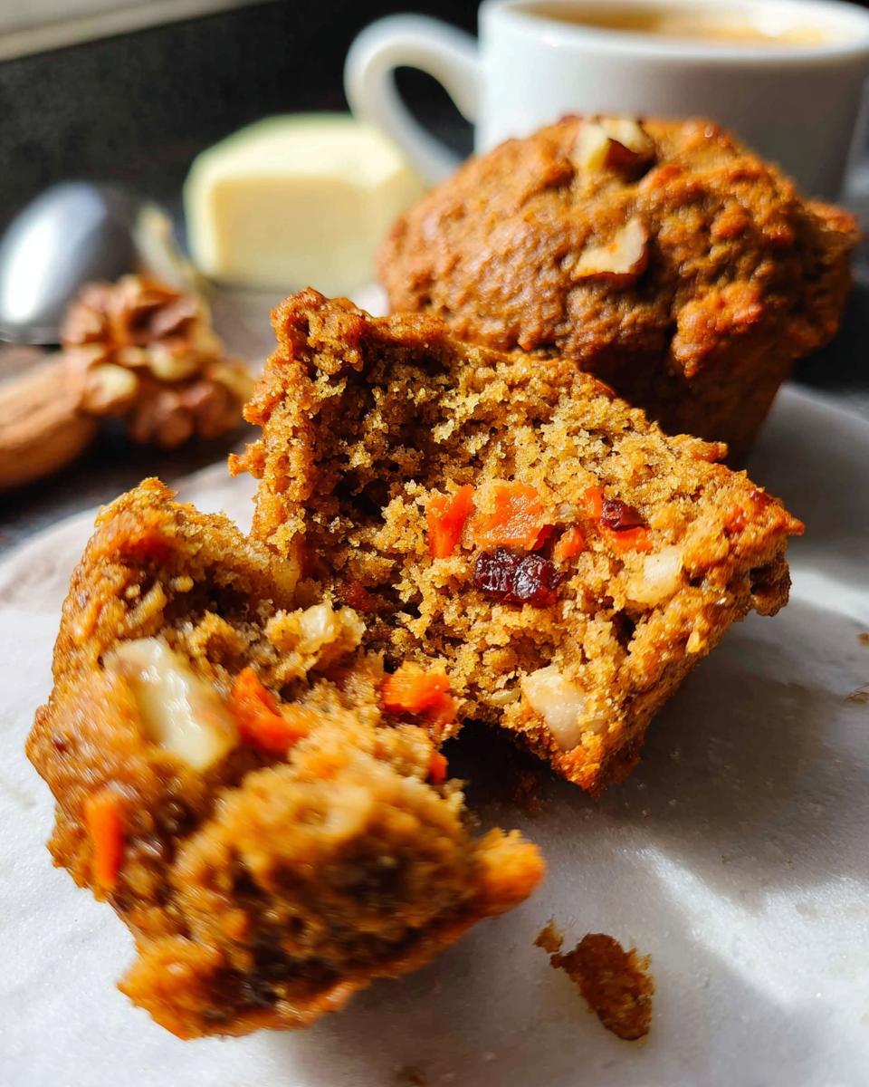 Close-up of a broken carrot walnut muffin, showing moist interior with carrots, nuts, and raisins. Part of a breakfast spread.