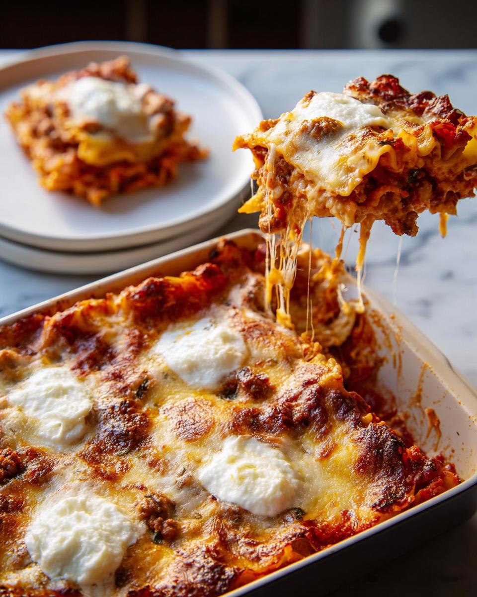 A slice of cheesy lasagna being lifted from a baking dish, with melted cheese stretching. Perfect for weeknight dinner recipes.