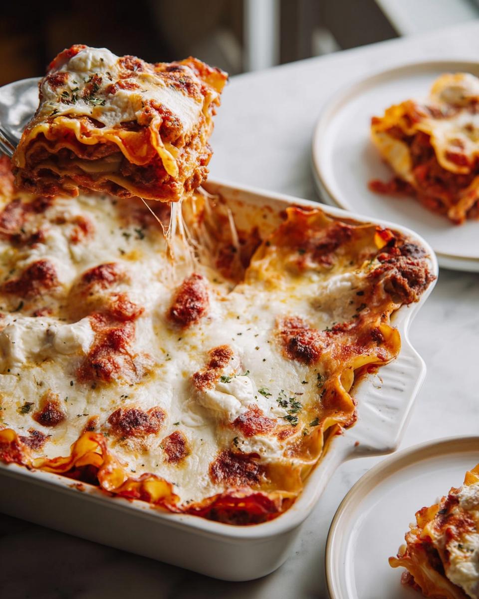 A delicious slice of cheesy lasagna being lifted from a baking dish, perfect for weeknight dinner recipes.