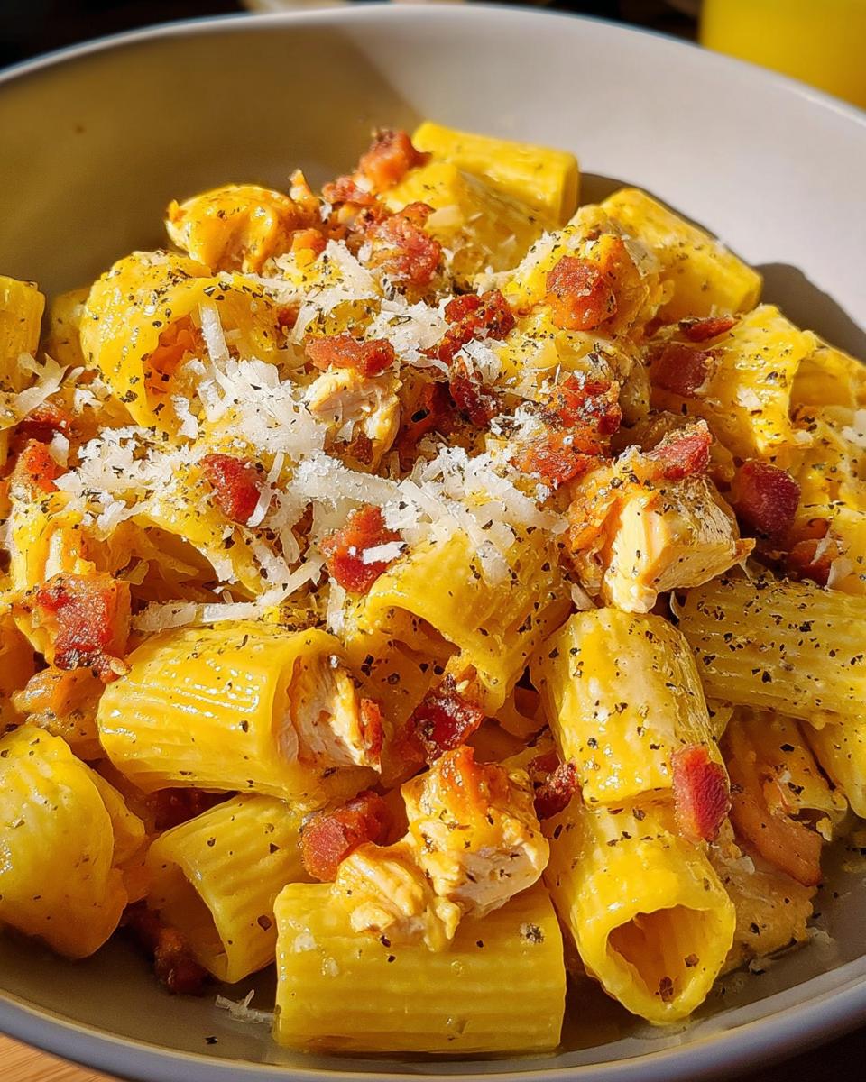 Close-up of rigatoni pasta with chicken, bacon, and grated cheese, perfect for best pasta recipes for busy nights.