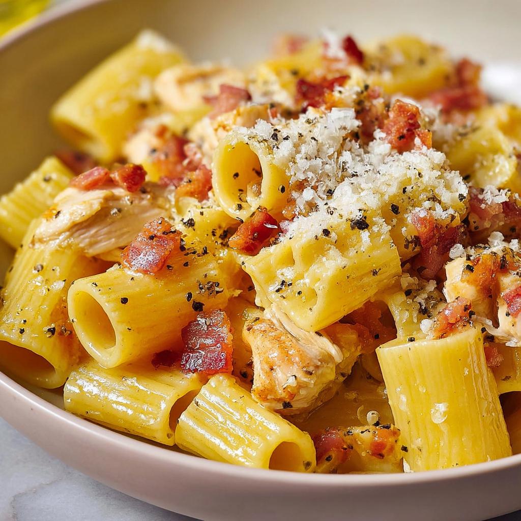 Close-up of rigatoni pasta with chicken, bacon, and grated cheese, perfect for best pasta recipes for busy nights.