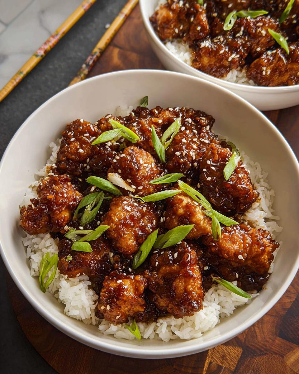 A bowl of white rice topped with glazed chicken pieces, sesame seeds, and chopped green onions. This is Chicken Made Easy.