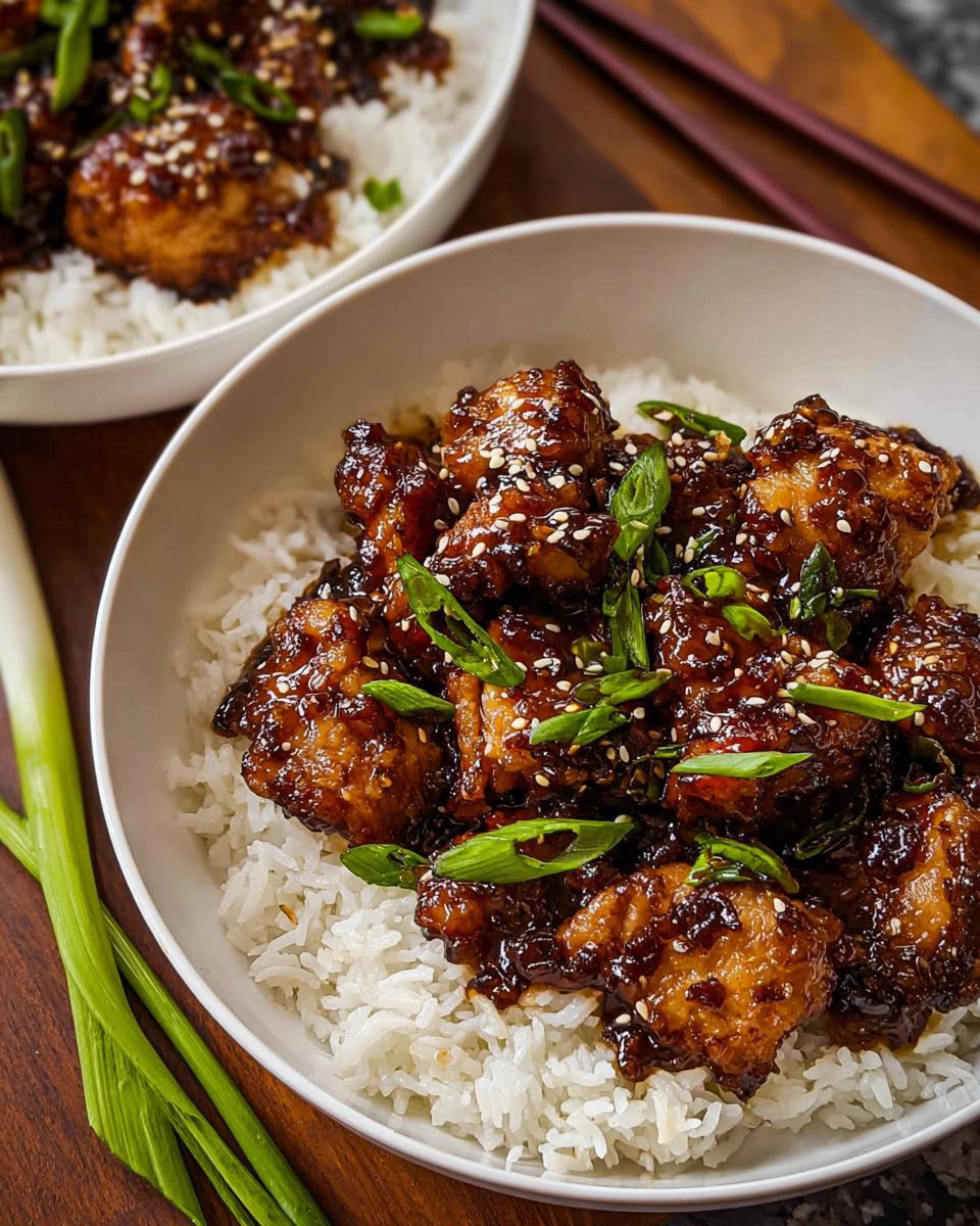 Close-up of delicious Chicken Made Easy served over white rice, garnished with sesame seeds and green onions.