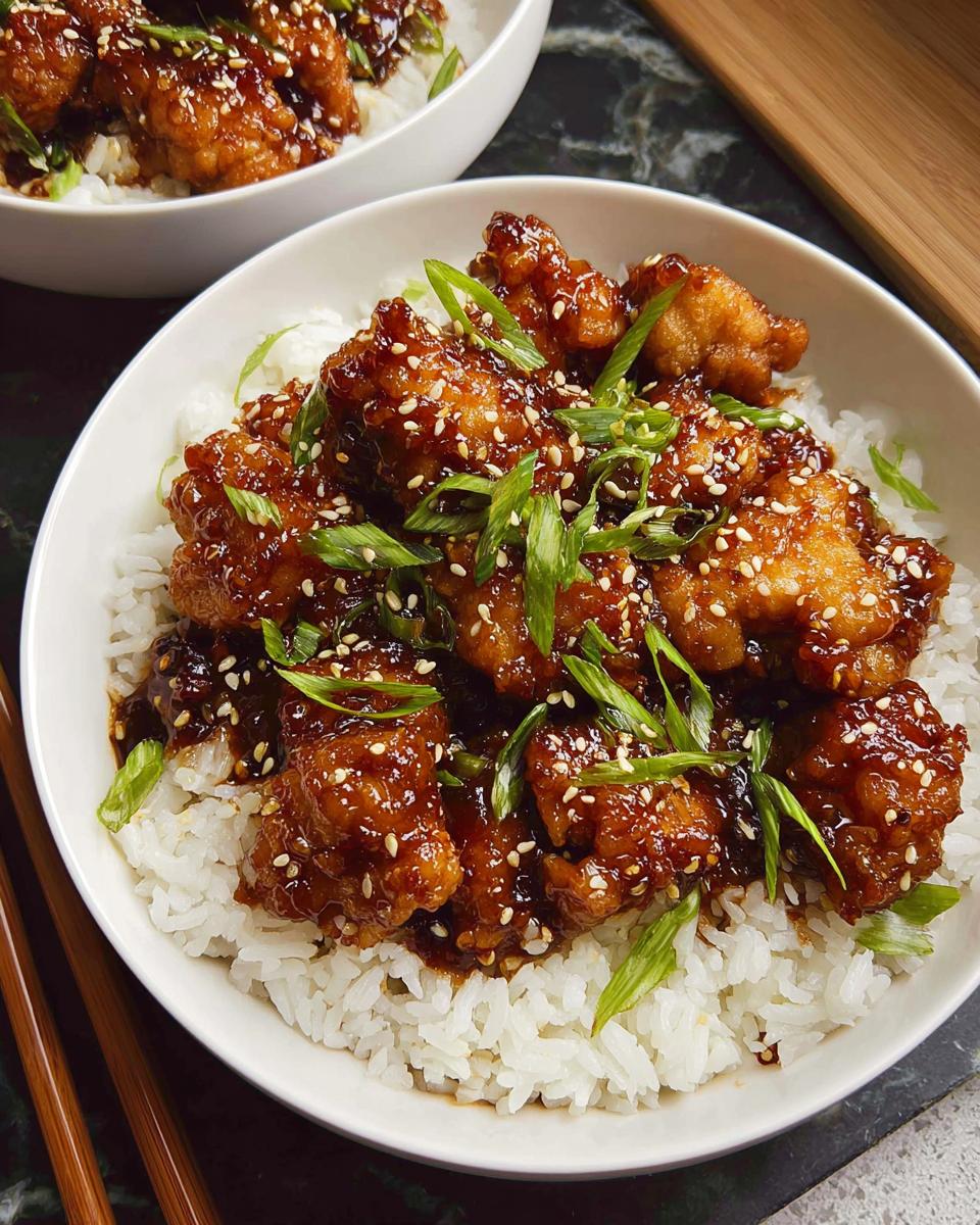 Close-up of delicious Chicken Made Easy served over white rice, garnished with sesame seeds and green onions.