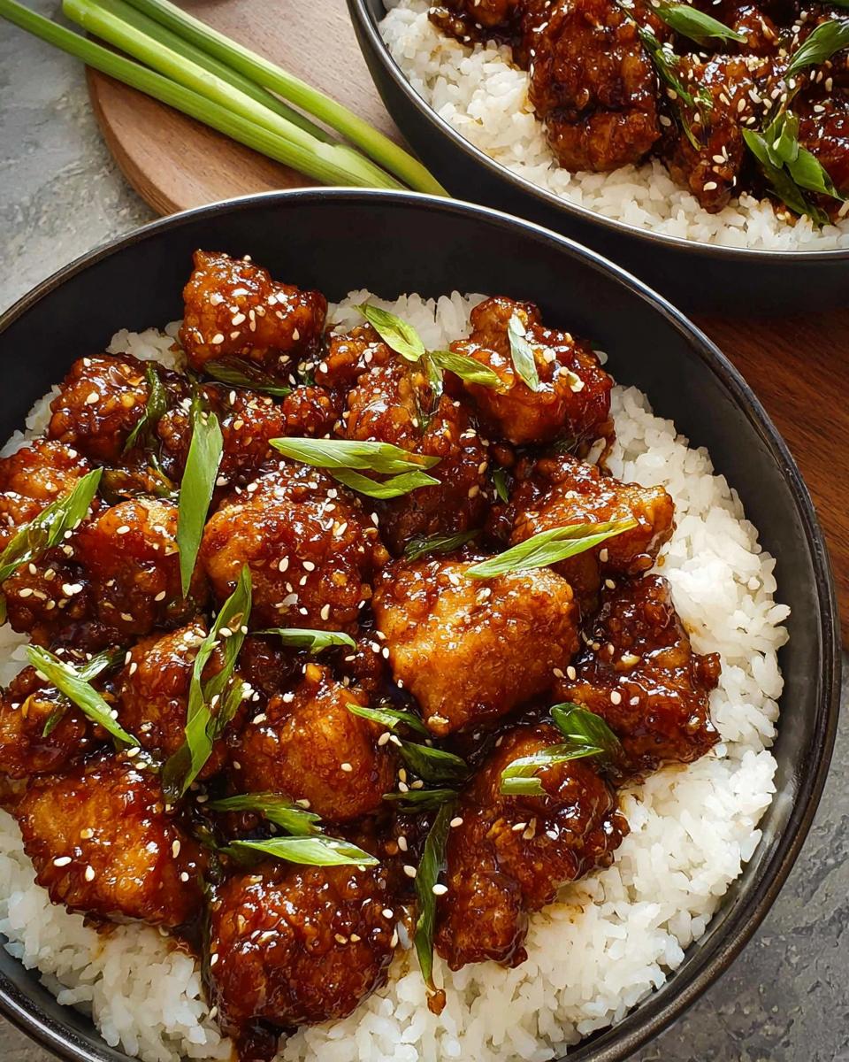 Close-up of delicious Chicken Made Easy served over white rice, garnished with sesame seeds and green onions.