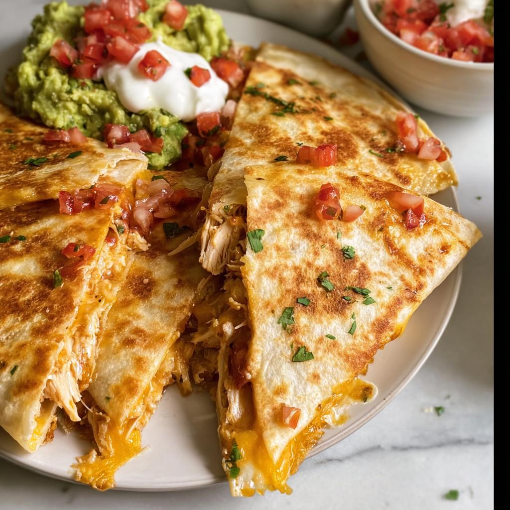 Close-up of cheesy chicken quesadillas, served with guacamole, sour cream, and pico de gallo.