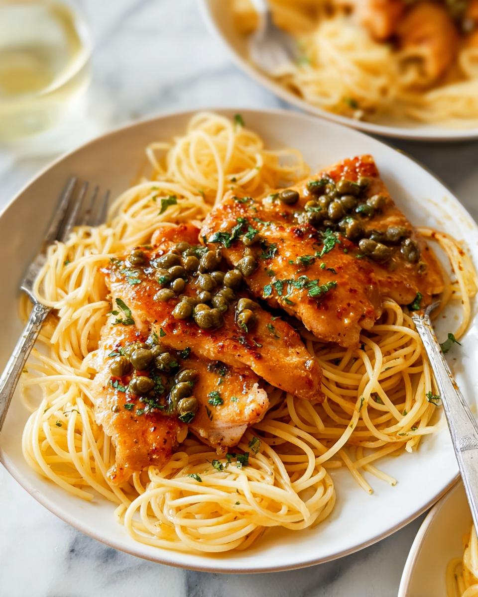 Close-up of a plate featuring tender chicken thigh pieces topped with capers and sauce, served over a bed of spaghetti.