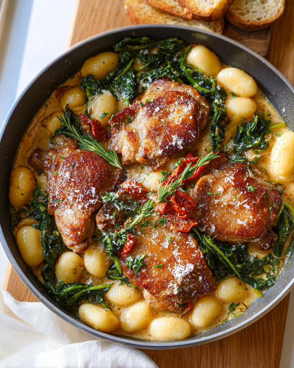 A skillet of pan-seared chicken thighs with gnocchi, spinach, and sun-dried tomatoes in a creamy sauce.