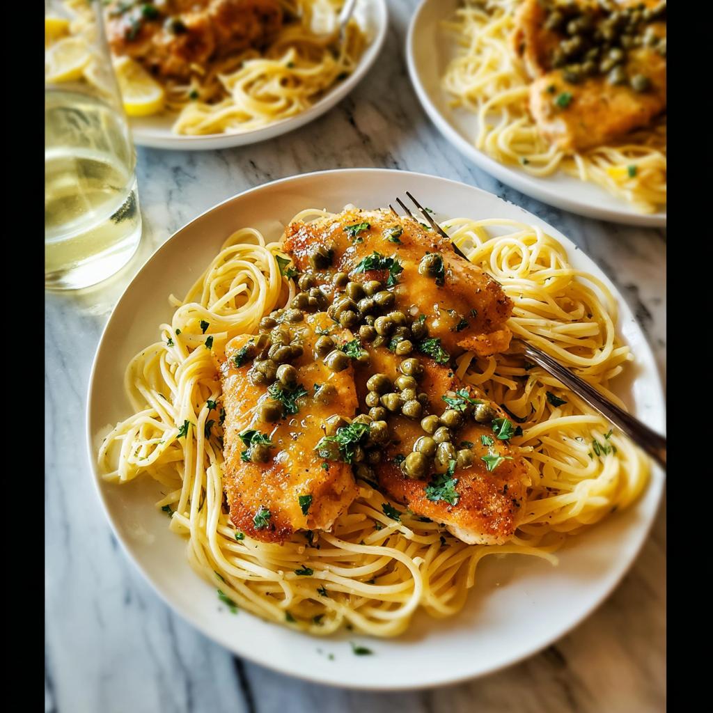 Close-up of a plate featuring a chicken thigh recipe served over spaghetti, topped with a caper sauce and parsley.