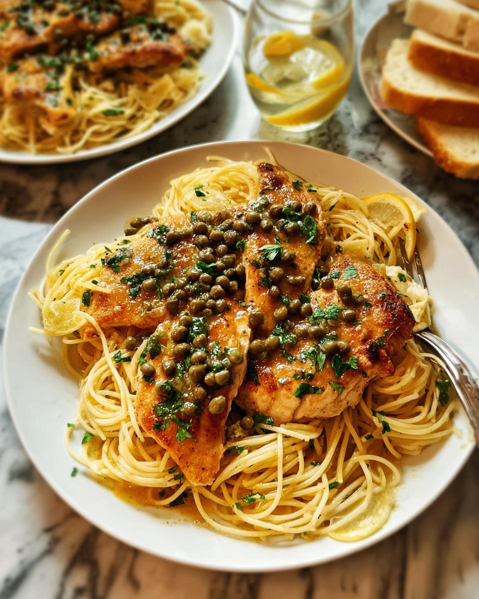 Close-up of pan-seared chicken thighs served over pasta with a lemon-caper sauce and fresh parsley.