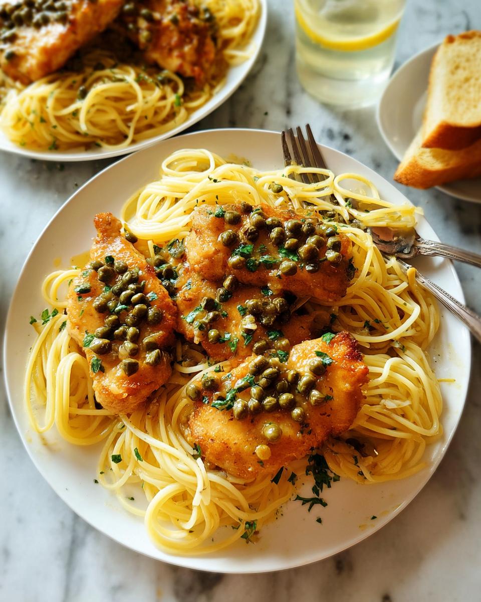 Plate of chicken thighs with spaghetti, topped with capers and parsley, a delicious chicken thigh recipe.