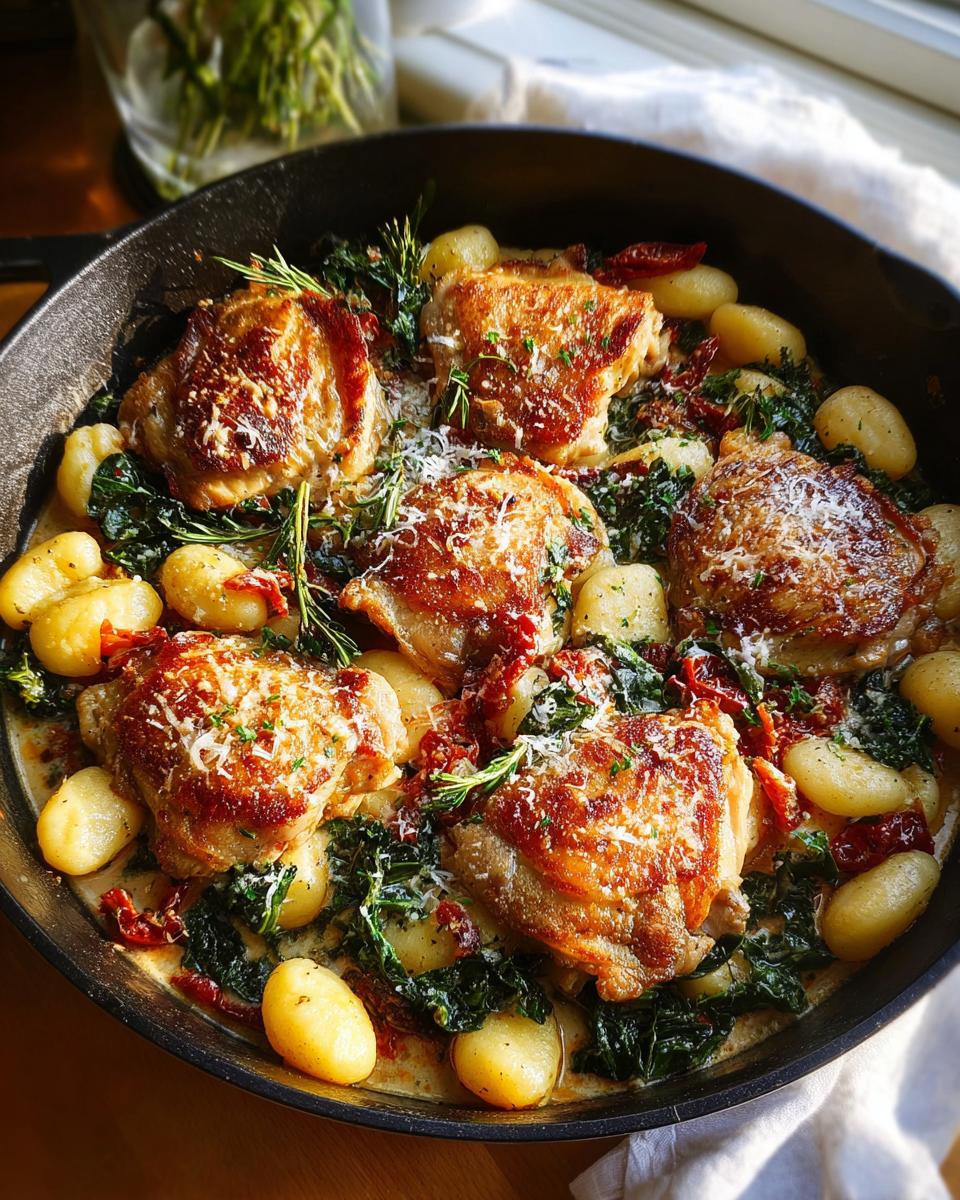A cast iron skillet filled with golden brown chicken thighs, gnocchi, kale, and sun-dried tomatoes in a creamy sauce.
