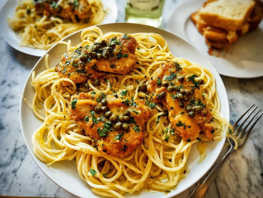 Three pan-seared chicken thighs served over spaghetti, topped with a lemon-caper sauce and fresh parsley.