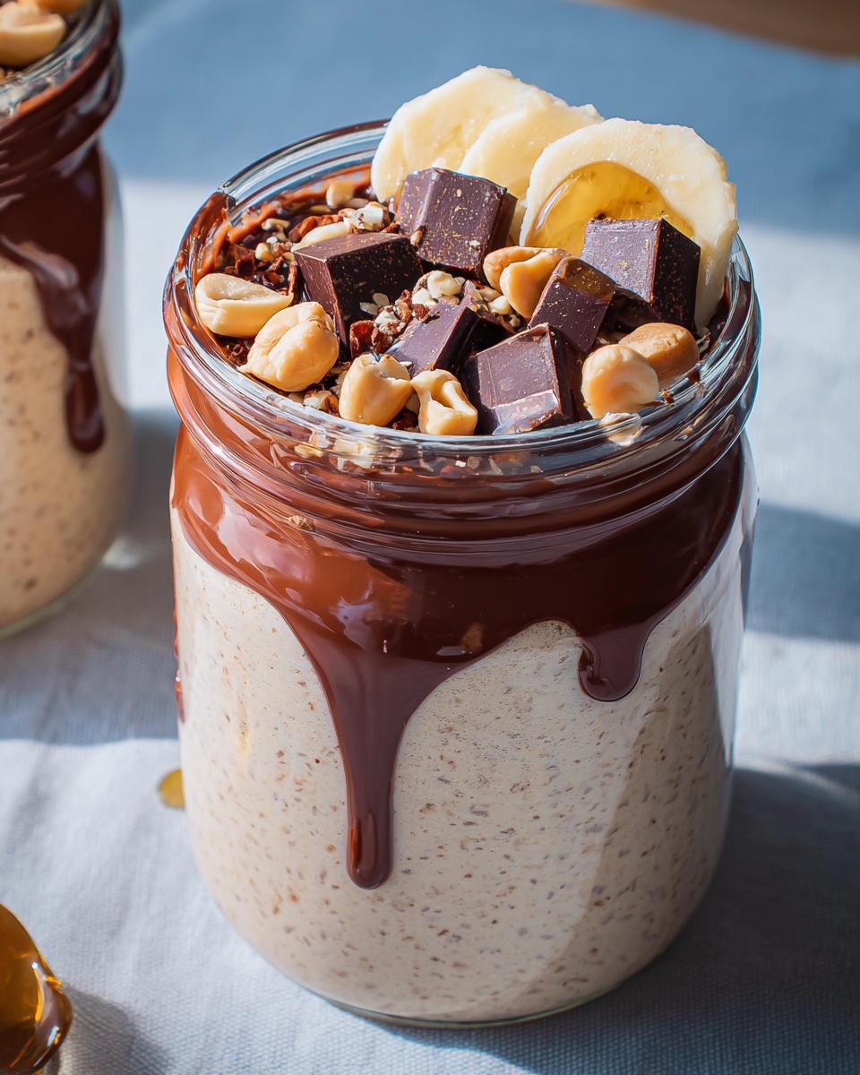 Overnight oats in a jar topped with chocolate, peanuts, and banana slices, perfect for cozy breakfast ideas.