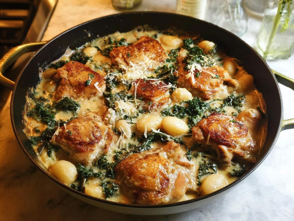 A skillet filled with pan-seared chicken thighs, creamy gnocchi, and wilted kale, a delicious classic chicken thigh recipe.