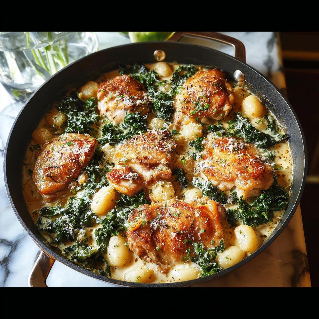 A skillet of classic chicken thigh recipes with a twist, featuring pan-seared chicken thighs, gnocchi, and kale in a creamy sauce.