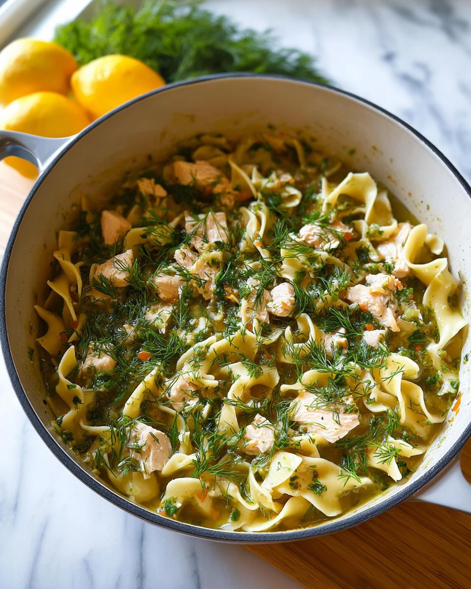 A close-up of a hearty chicken noodle dish with fresh dill and lemon in a pot, a twist on Classic Chicken With A Twist.
