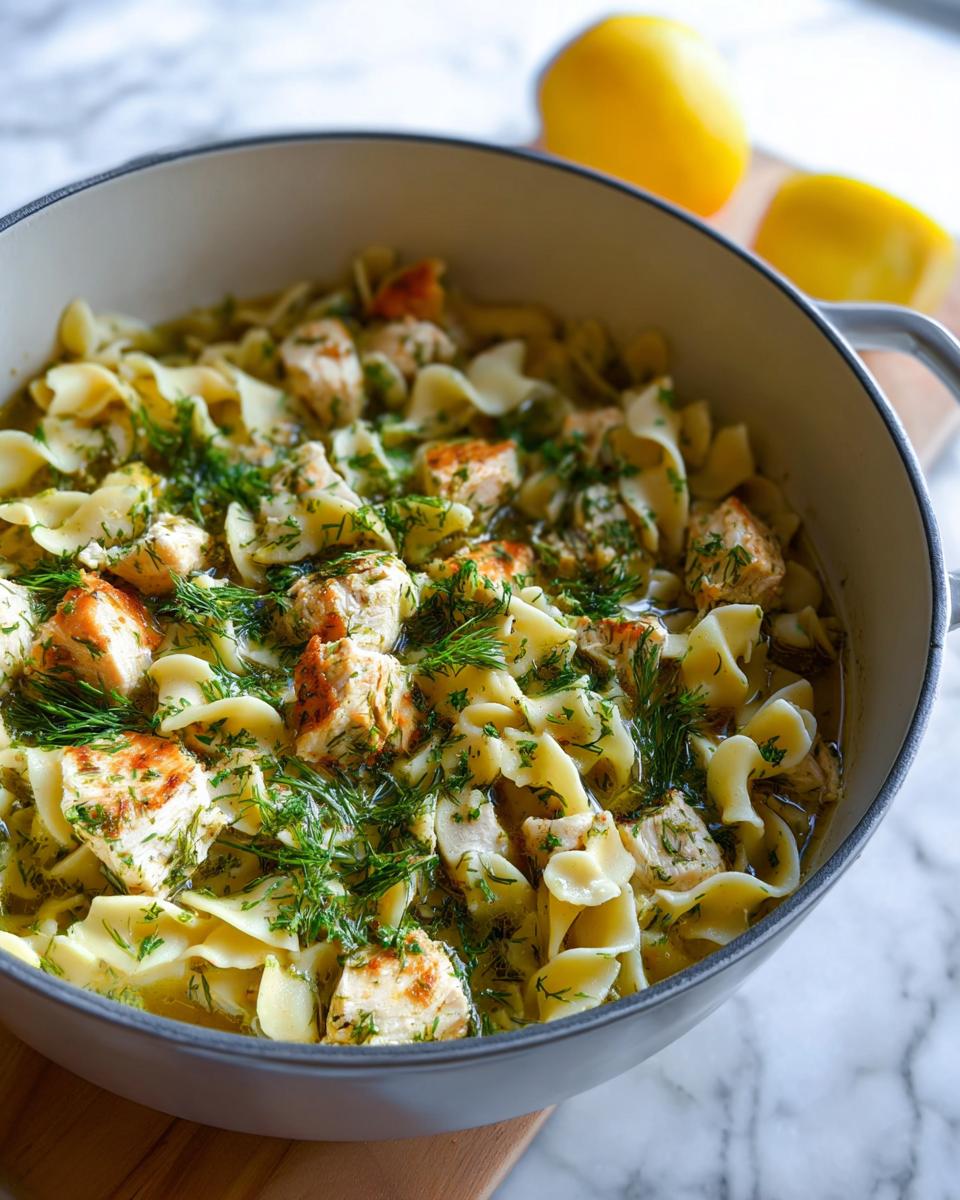 A pot filled with Classic Chicken With A Twist, featuring tender chicken pieces and wide egg noodles, garnished with fresh dill.