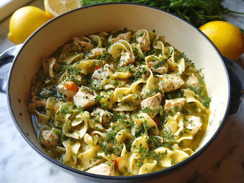 A close-up shot of a pot filled with Classic Chicken With A Twist, featuring wide egg noodles, tender chicken pieces, and fresh herbs.