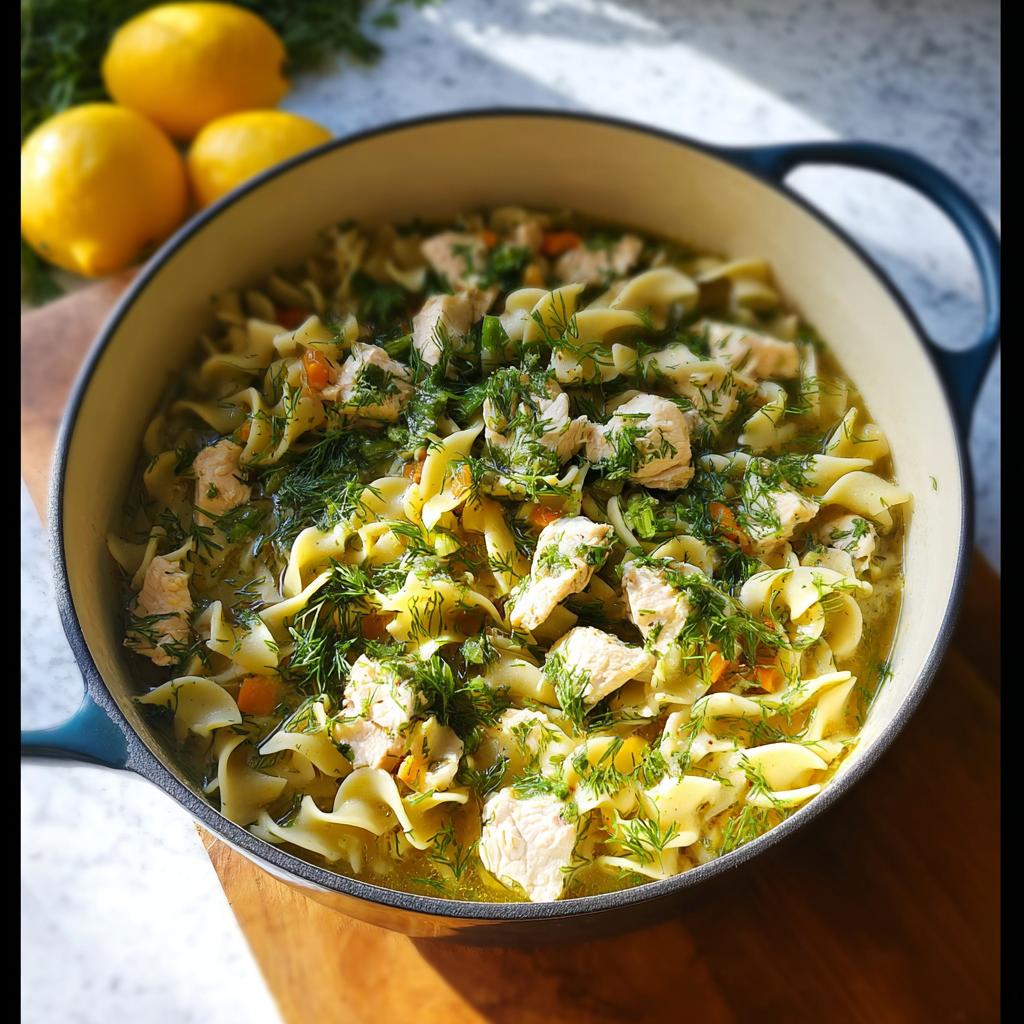 A hearty pot of Classic Chicken With A Twist noodle soup, filled with tender chicken, wide egg noodles, and fresh dill.