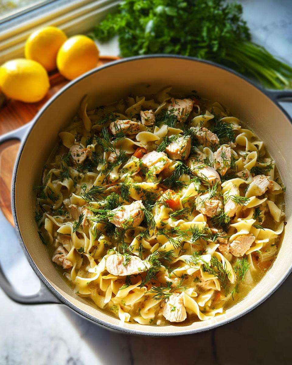 A pot of Classic Chicken With A Twist, featuring tender chicken pieces and wide egg noodles in a savory broth, garnished with fresh dill.