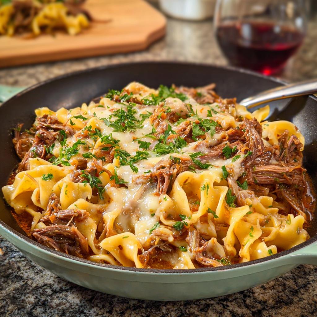 A close-up of a classic dinner recipe featuring tender shredded beef with wide egg noodles, topped with melted cheese and fresh parsley.