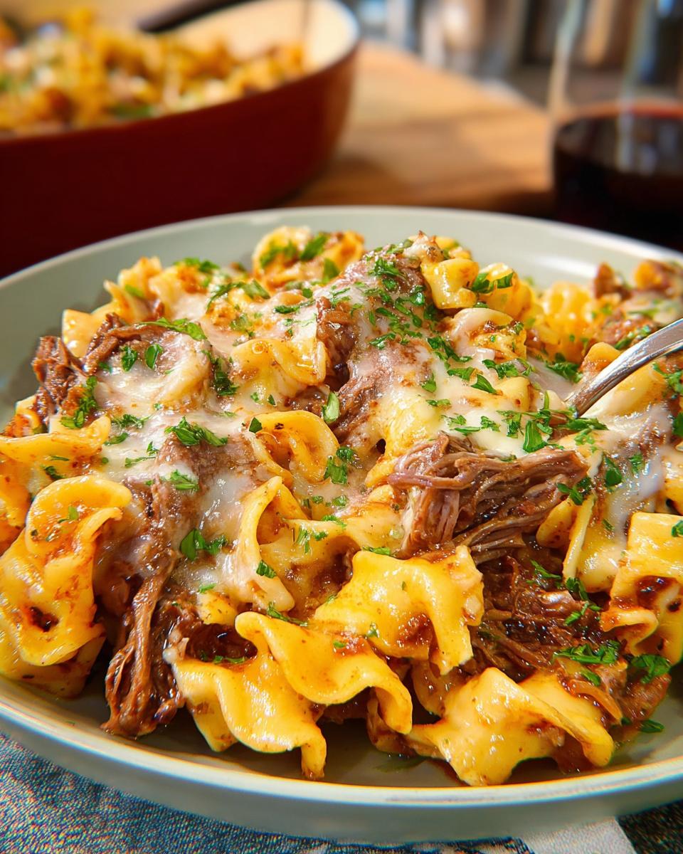 A close-up of a hearty beef and pasta casserole, topped with melted cheese and fresh parsley, a classic dinner recipe.