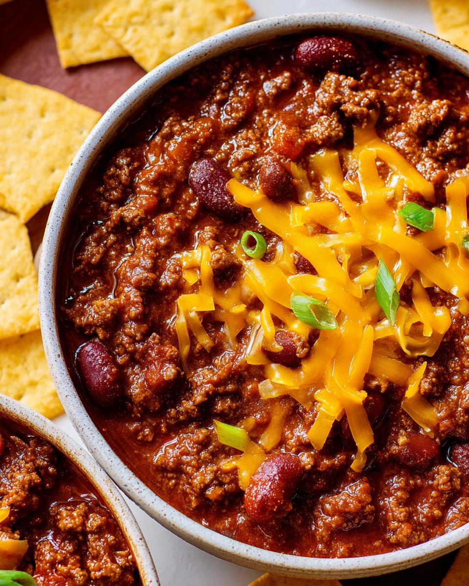 A hearty bowl of classic ground beef chili topped with shredded cheddar cheese and green onions, served with crackers.