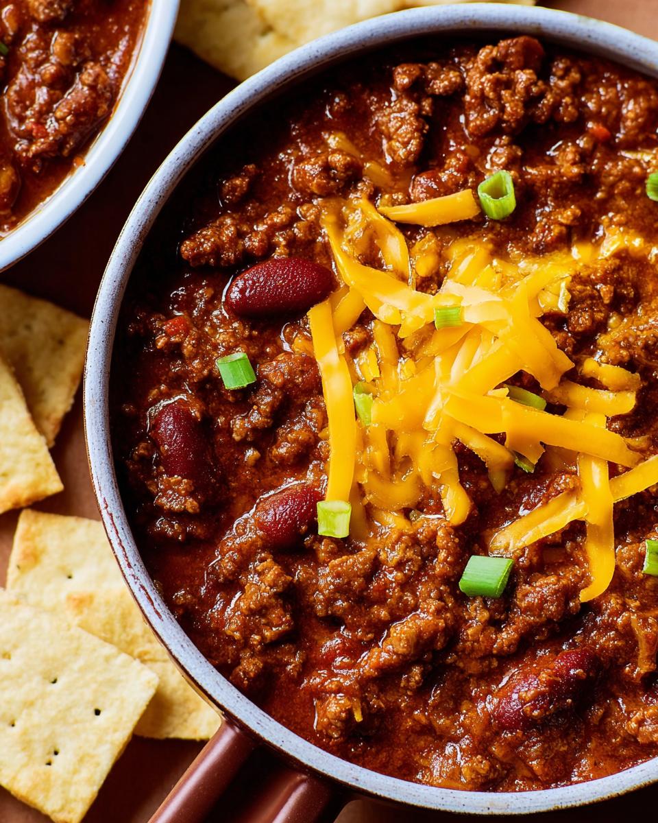 A close-up of a bowl of classic ground beef chili topped with shredded cheddar cheese and green onions, served with crackers.